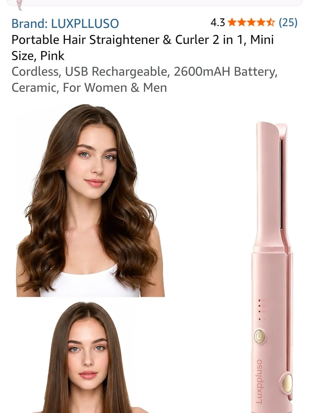 LuxpllusO Pink Portable 2-in-1 Cordless Hair Straightener & Curler  FACTORY SEAL